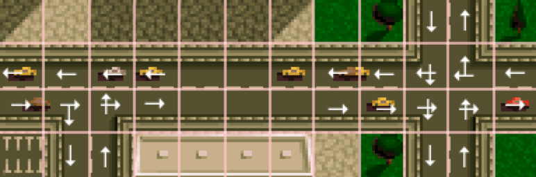 Small cut-out of the city map with a grid super-imposed and arrows on various tiles to indicate valid vehicle directions.