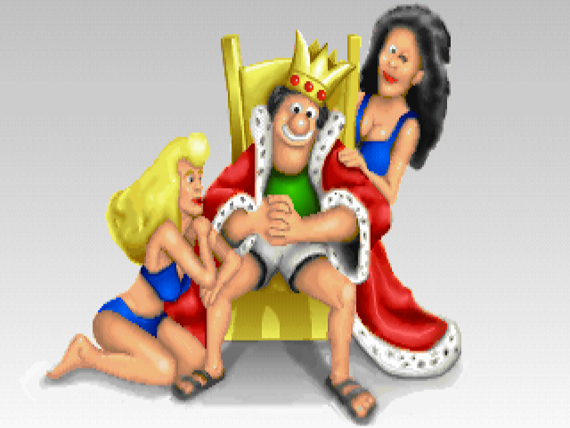 ENDE.VGA; a man in a golden chair wearing a crown and a
                big smile, with a bikini clad woman on either side of him, one
                looking admiringly at him and the other winking at us.