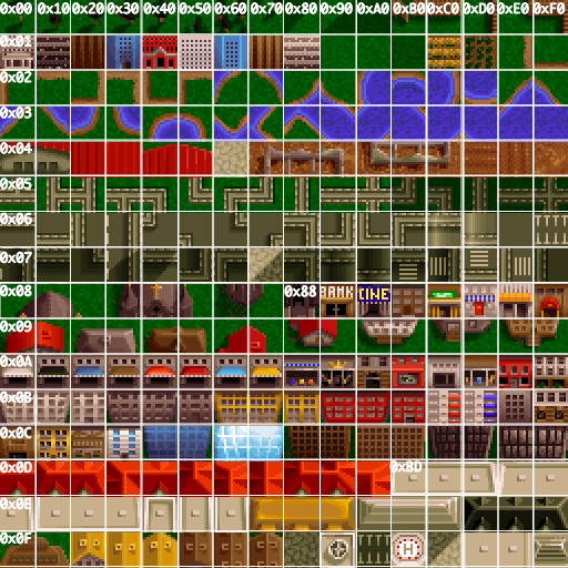 All possible map tiles in Pizza Tycoon (landsym.vga)