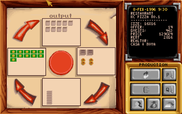 The Production screen from the top of the post, but now with a stack of
                     eight little pizza boxes in the bottom box (each pizza box being
                     just a tiny gray bar of about 10 by 3 pixels, with a
                     darker bottom line as a drop shadow).