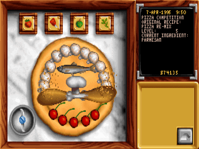 Pizza
              competition screenshot showing an example pizza you have to
              recreate.