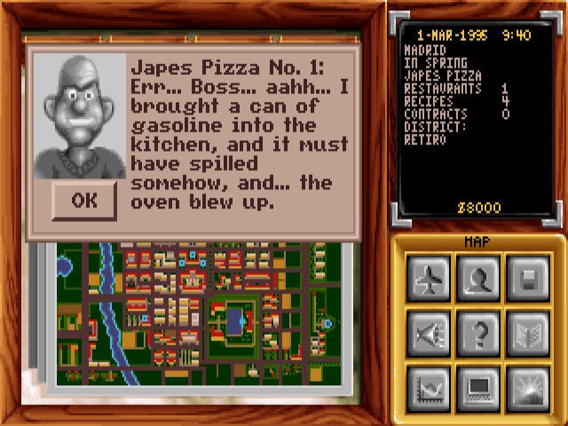 Staff calling in to
              tell you they brought a can of gasoline into the kitchen, and it
              must have spilled somehow, and... the oven blew up.